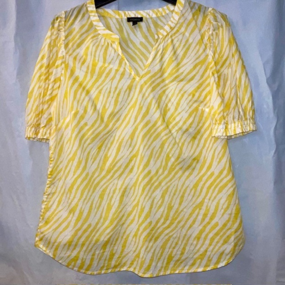 Talbots Yellow White Zebra Stripe Ruffle Trim Puff Sleeve V-Neck Summer Top Sx M
